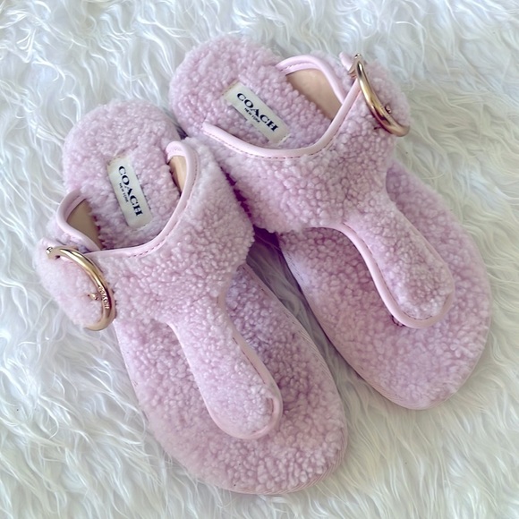 Brand New Coach Pink Shearling Hollie Flip Flop Sandal Plush Buckle Slides - Picture 1 of 16